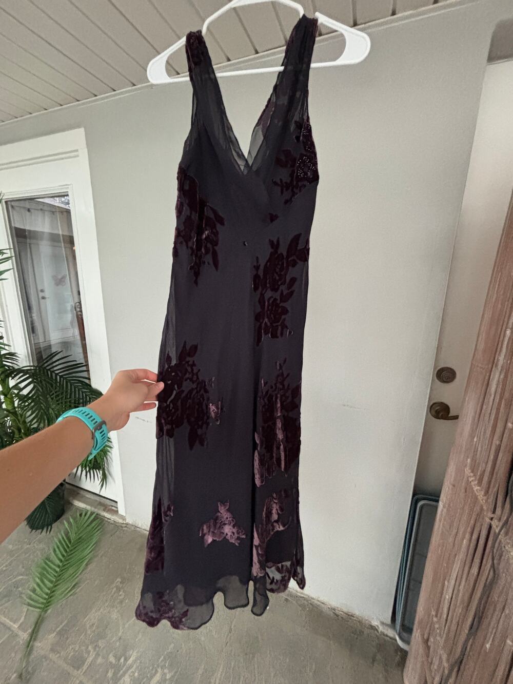 vintage 1990s silk-rayon midi dress dark romantic plum floral velvet pattern